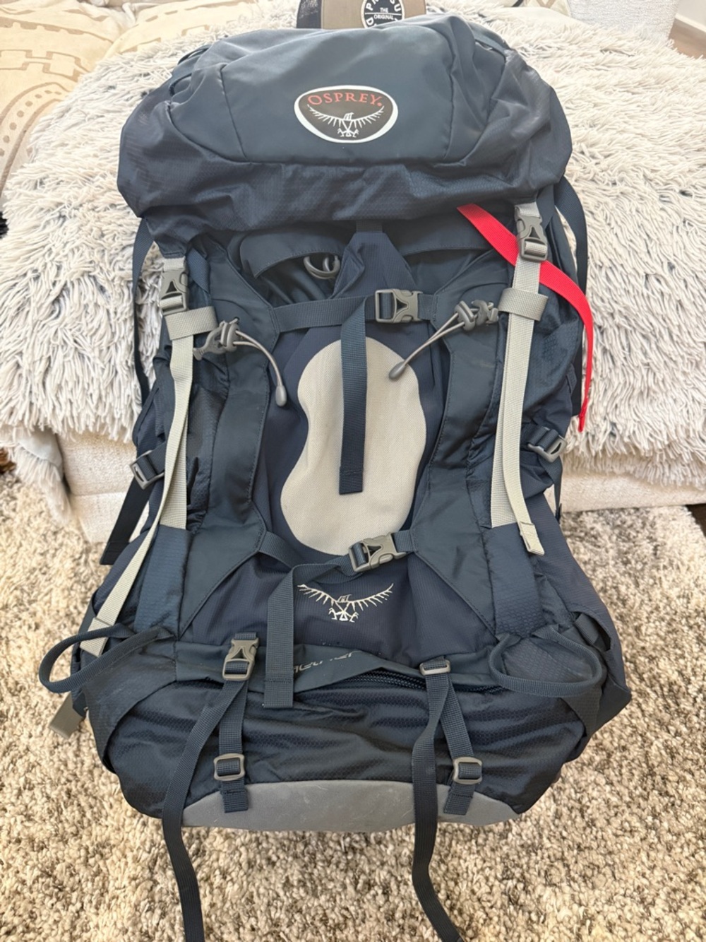 OSPREY Navy and Gray Men's Hiking Backpack with Red Accent